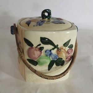 Vintage Glazed Yellow Japanese Bisquit Jar with Lid and Wicker Swing Handle Acti